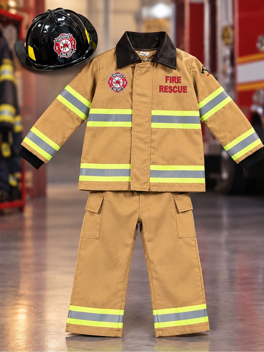 Kids Fire Rescue Costume Set - Tan Reflective Jacket & Pants